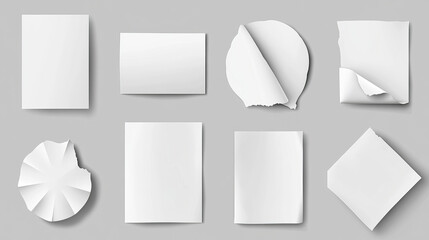 Poster - White stickers with curl corners and wrinkles. Peeling off sticky notes, crumpled paper labels circle, square, oval and triangle shape isolated on transparent background, vector realistic set