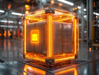 Poster - Futuristic Glowing Parcel Box with Holographic Tracking Details in High Tech Delivery Hub