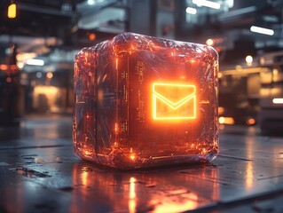 Poster - futuristic glowing parcel box with holographic tracking details in high tech delivery hub concept wi