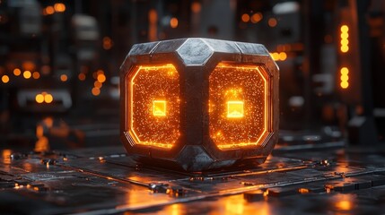 Poster - Glowing Hexagonal Parcel Box in Futuristic Warehouse Premium Delivery Concept