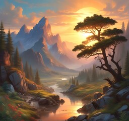 Wall Mural - Illustration of fantasy scenic landscape.