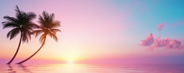 Poster - A serene beach scene at sunset featuring palm trees silhouetted against a vibrant sky with hues of pink and blue, reflecting on calm waters.