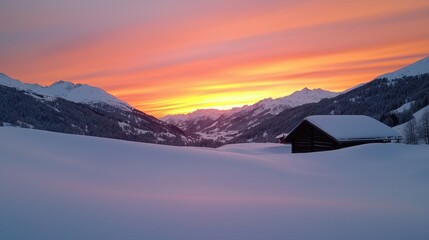 Poster - A serene winter landscape at sunset, featuring snow-covered mountains and a rustic cabin against a vibrant sky.