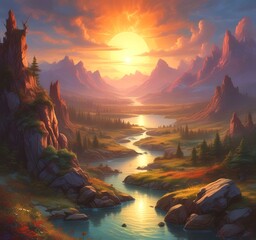 Wall Mural - Illustration of fantasy scenic landscape.