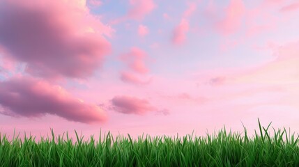 Poster - A serene landscape featuring vibrant green grass against a pastel pink and blue sky filled with soft clouds at sunset.