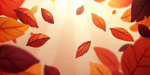 Poster - Colorful autumn leaves gently fall against a warm, glowing background, creating a serene and picturesque seasonal atmosphere.