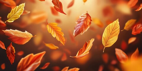Aufkleber - A captivating display of autumn leaves swirling in the air, showcasing vibrant hues of orange, red, and yellow against a soft, glowing background.