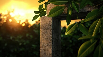 Poster - A stone structure framed by lush green leaves, illuminated by the warm glow of a sunset, creating a serene and tranquil atmosphere.