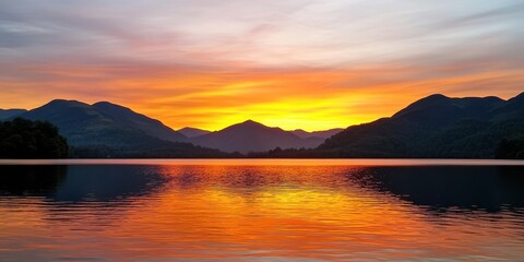 Poster - A serene sunset over a tranquil lake, reflecting vibrant orange and pink hues against silhouetted mountains and a calm water surface.