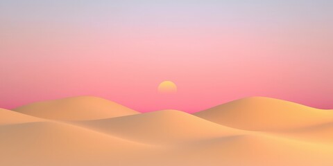 Poster - A serene landscape featuring soft sand dunes under a pastel sky with a rising sun, evoking tranquility and natural beauty.
