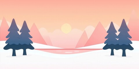 Poster - A serene winter landscape featuring pine trees, snow, and a soft pastel sunset over distant mountains.