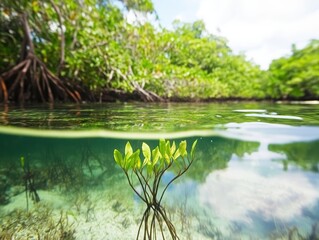 Canvas Print - A vibrant mangrove seedling stands above the water, surrounded by lush greenery, showcasing the beauty of coastal ecosystems.