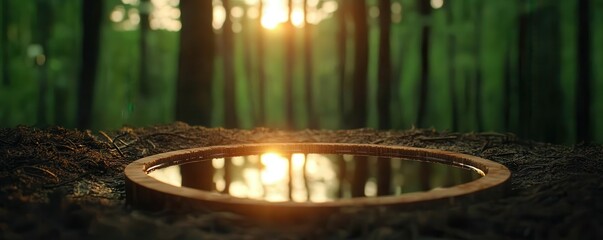Poster - A serene forest scene features a circular mirror reflecting sunlight, surrounded by lush greenery and creating a peaceful atmosphere.