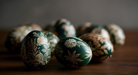 Intricate hand-painted dark green easter eggs with floral designs