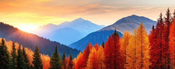 Aufkleber - A breathtaking autumn landscape with vibrant orange and yellow trees set against majestic mountains under a warm sunset sky.