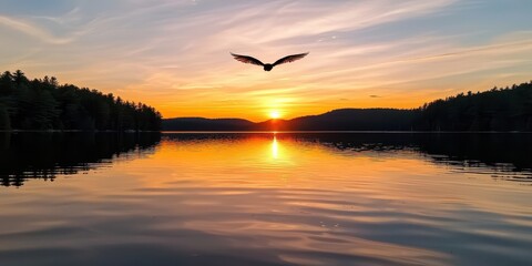 Poster - A serene sunset over a lake, with a bird soaring in the sky, surrounded by trees and reflecting golden hues on the water's surface.