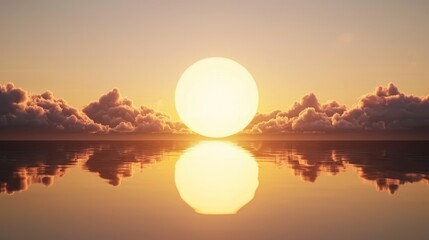 Poster - A serene sunset over calm waters, with a large sun glowing and reflecting on the surface, surrounded by fluffy clouds and a warm, golden hue.