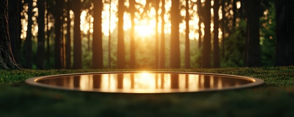 Aufkleber - A serene forest scene featuring a reflective pool of water illuminated by the golden light of a setting sun.