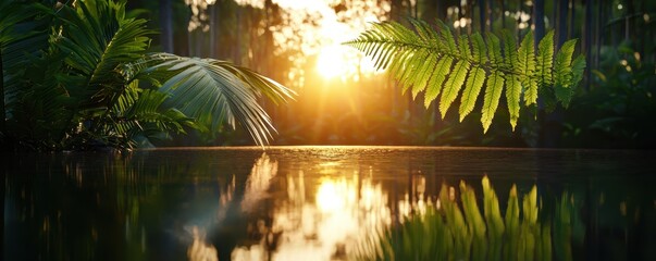 Aufkleber - A tranquil scene of a lush forest at sunset, with vibrant foliage reflected in still water, creating a serene and natural atmosphere.