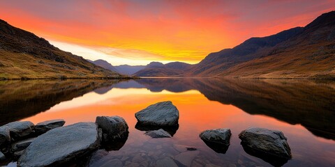 Poster - A tranquil landscape featuring a serene lake reflecting a vibrant sunset, surrounded by mountains and rocky shores.