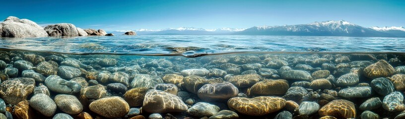 Poster - Serene Coastal Seascape with Clear Waters, Smooth Pebbles, Underwater View, and Majestic Mountain Range in Background under Clear Blue Sky