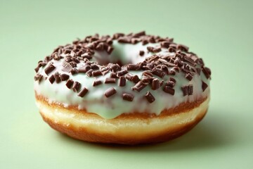 Canvas Print - Glazed donut with chocolate sprinkles resting on a green surface