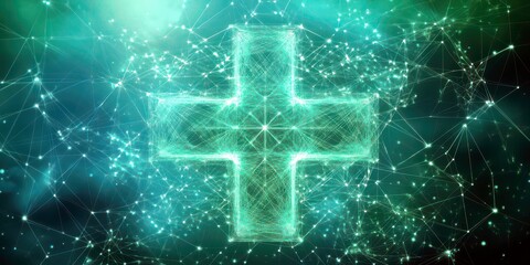 Fototapete - Futuristic Medical Cross Symbol with Glowing Network Effects and Abstract Digital Background for Health Concept Imagery
