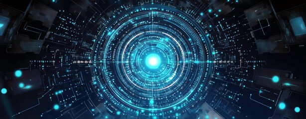 Fototapete - Futuristic Abstract Circle Design with Blue Neon Light and Digital Circuit Patterns Radiating from Center for Technology, Science, and Innovation Concepts