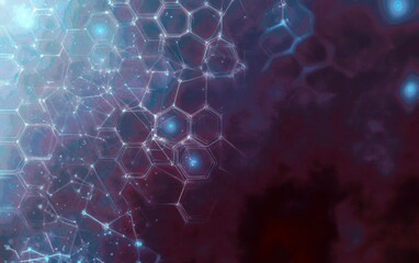 Fototapete - Abstract futuristic background featuring geometric shapes, hexagons, glowing lights, and vibrant colors ideal for science, technology, and digital themes