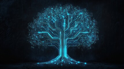 Glowing Circuit Tree, Digital Nature, Dark Background, Tech Concept