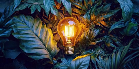Poster - Warm incandescent light bulb glowing amidst vibrant green leaves creating an inviting and peaceful atmosphere for nature and illumination themes