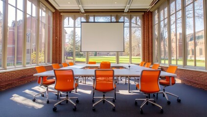 Poster - Modern Conference Room with Bright Orange Chairs and Large Windows Overlooking Green Lawn and Brick Building