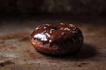 Wall Mural - Chocolate frosted donut decorated with chocolate chips on dark backdrop