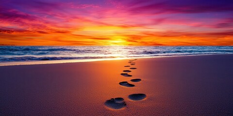 Poster - A serene beach at sunset, with footprints leading toward the gentle waves, showcasing vibrant colors of the sky.