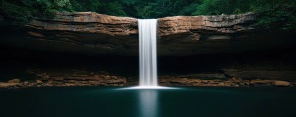 Poster - A serene waterfall cascades over rocky cliffs into a tranquil pool, surrounded by lush greenery, creating a peaceful natural oasis.