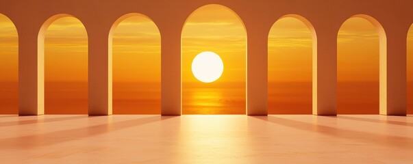 Poster - A serene sunset shines through archways, illuminating a spacious interior with warm orange hues.