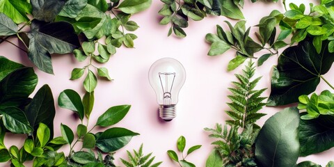 Poster - Unique Light Bulb Surrounded by Fresh Green Leaves on Soft Pink Background, Symbolizing Eco-Friendly Energy and Nature Harmony