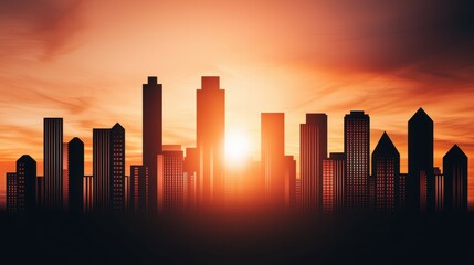 Aufkleber - A vibrant sunset casts a warm glow behind a city skyline, highlighting the silhouettes of tall buildings against a colorful sky.