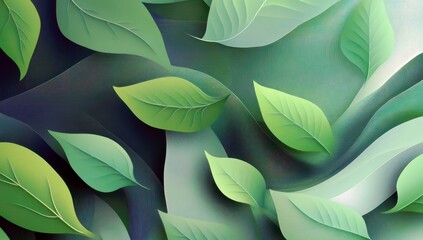 Poster - Abstract green leaves floating on a smooth flowing background, creating a serene and tranquil natural atmosphere for design and creative projects
