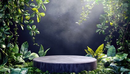 Poster - Tropical rainforest scene with lush green foliage surrounding a circular stone pedestal on a misty background, ideal for product or nature photography