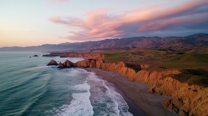 Aufkleber - A scenic coastal view at sunset, showcasing rocky cliffs, gentle waves, and a colorful sky filled with pink and orange hues.