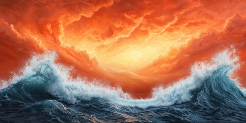 Poster - A dramatic seascape featuring turbulent waves beneath a fiery orange and red sky, creating a striking contrast between the ocean and the atmosphere.