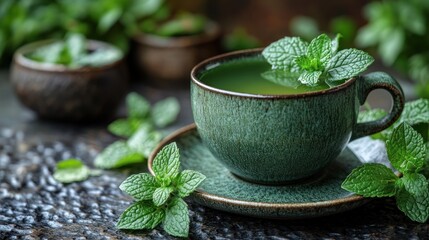 Wall Mural - Fresh mint tea, rustic setting, herbal drink