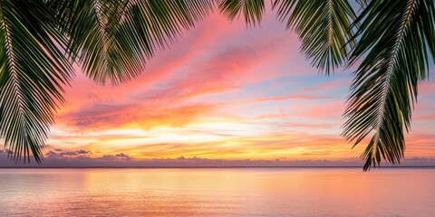 Poster - A serene beach sunset with vibrant pink and orange hues, framed by lush palm leaves, reflecting on calm waters.