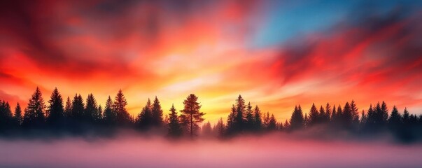 Aufkleber - A stunning sunset paints the sky in vibrant hues over a misty forest, creating a serene and enchanting landscape.