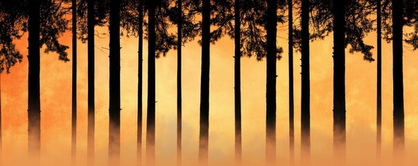 Poster - A serene forest silhouette against a vibrant orange sunset, creating a tranquil and mystical atmosphere.