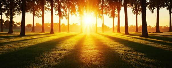 Aufkleber - A golden sunrise filters through trees, casting long shadows on a lush green field, creating a peaceful and serene atmosphere.