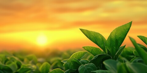 Poster - A serene sunset illuminates lush green leaves, capturing the beauty of nature