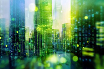 Fototapete - Futuristic city skyline with vibrant green tones, digital effects, and blurred motion creating an abstract urban landscape in a technological world