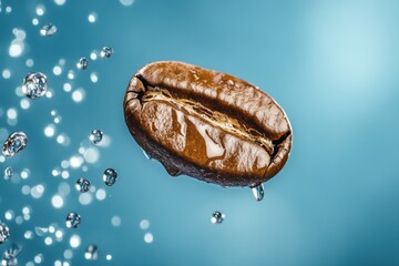 Canvas Print - Floating wet coffee bean surrounded by glistening water droplets